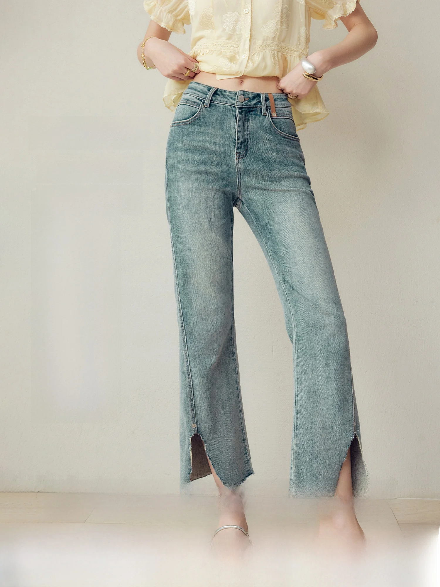 

NAGUAGU Modern Slim Fit Denim Jeans Women's Thin Cotton Bell Bot Asymmetrical Long Velvet Cotton Summer Jeans