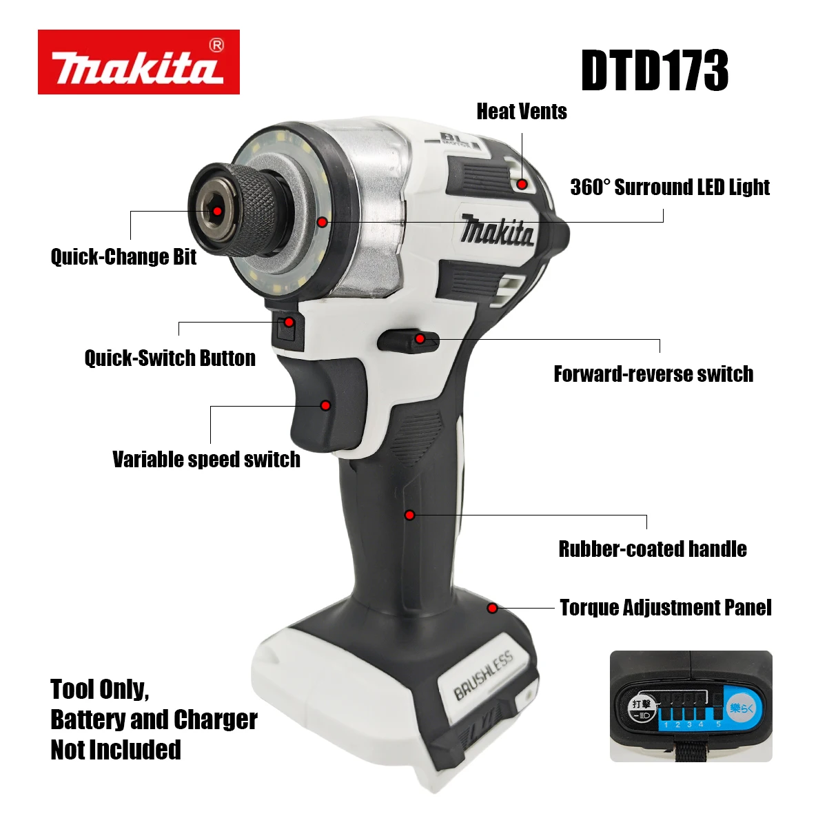 Makita DTD173 180Nm White Brushless Electric 18V  Screwdriver Multicolor Home Improvement DIY Electric Wood Bolt T-Mode