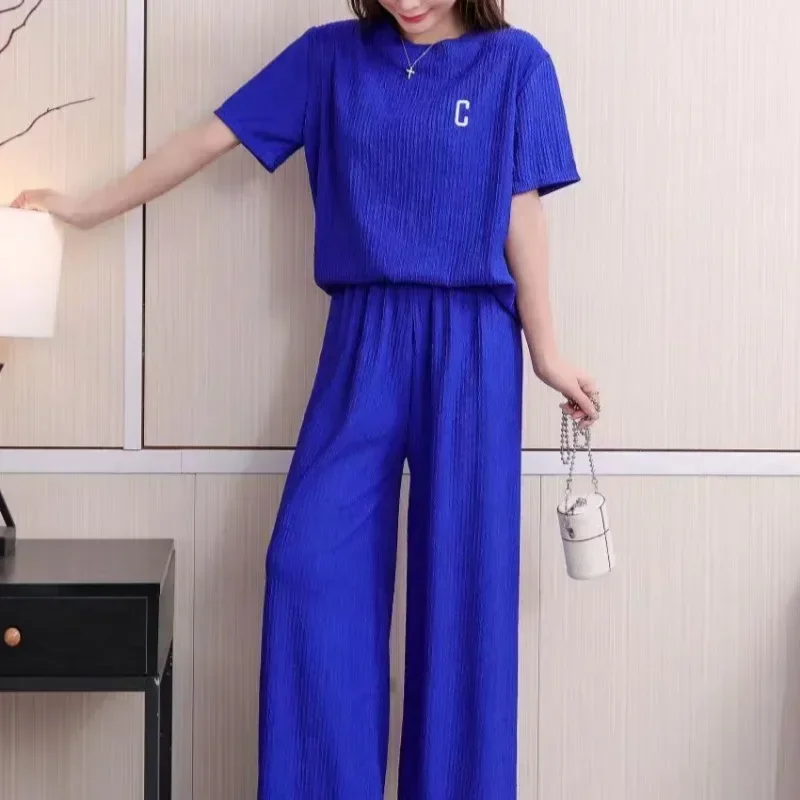 Chiba suit women's spring and summer letter embroidery thin ice silk loungewear suit casual loose trousers two-piece set