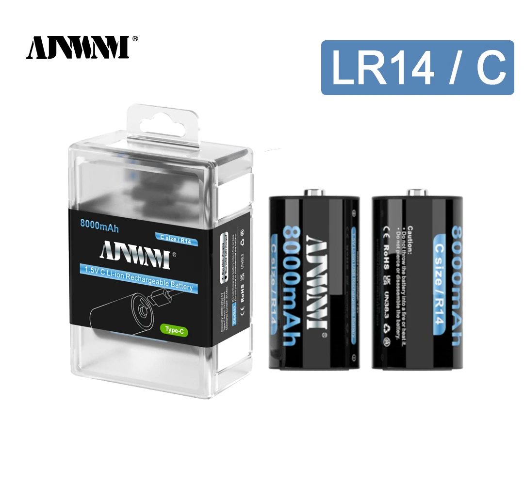 

AJNWNM C Size LR14 C Cell Rechargeable Battery R14 8000mAh 1.5v Li-Ion Batteries for Flashlight Gas Cooker+USB Type-C Cable