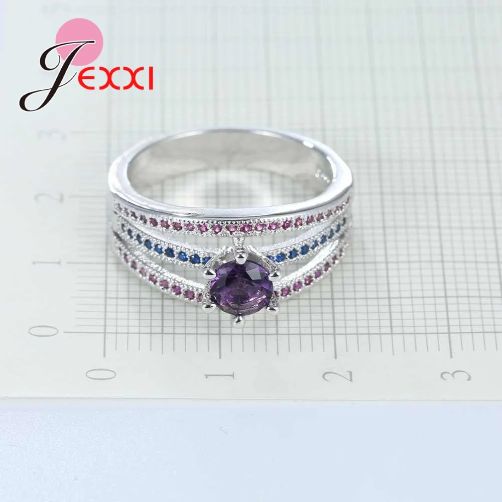 Anillos clásicos de Plata de Ley 925 con cristales coloridos y diamantes de imitación, joyería de circonia cúbica púrpura para mujer, boda, San Valentín