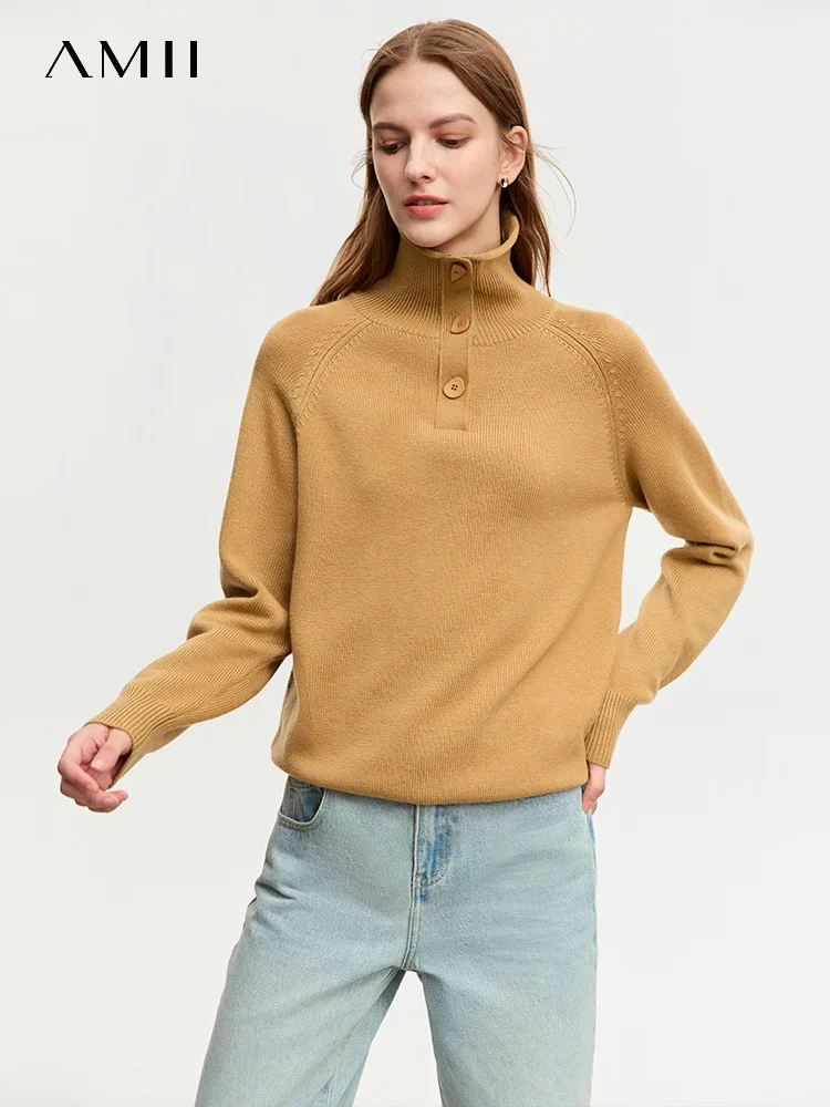 Amii-camisola de lã minimalista para as mulheres, camisola robusto, solto e quente, gola alta, lapela, macio, streetwear, inverno, novo, 2023,
