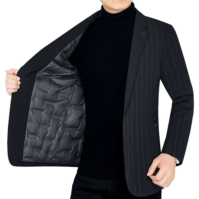 HOO-Chaqueta de plumón de pato para hombre, chaqueta ligera con cuello de traje, doble hebilla, a rayas, cálida, para invierno, 2024