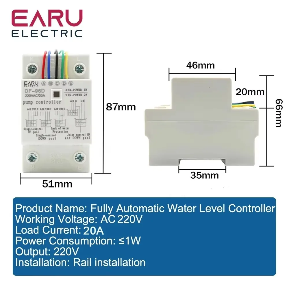 DF-96D DF-96DK Water Level Controller Switch 20A 220V Water Tank Liquid Level Detection Sensor Water Pump Controller 2M Wires