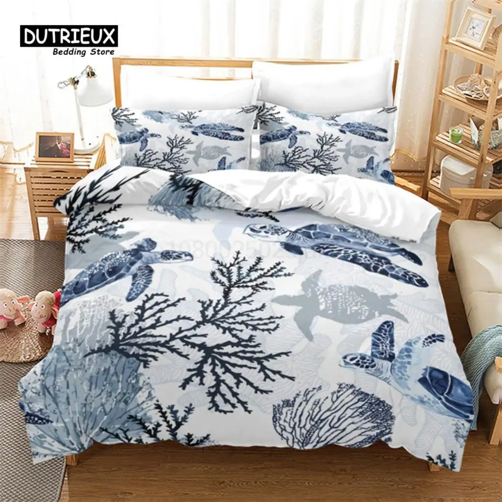 

Fish Sea Turtle Duvet Cover Jellyfish Seashell Starfish Bedding Set Microfiber Marine Theme Quilt Cover Twin Full For Kids Adult