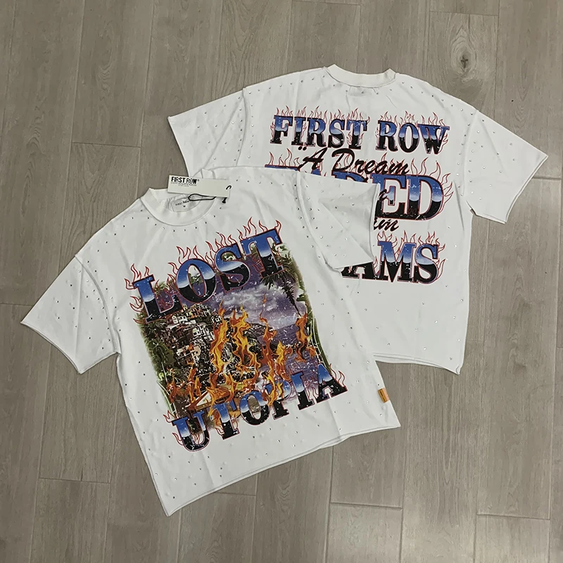 

26SS FIRST ROW T-Shirts American Style Hot Drill Letters Mens Womens High Quality Short Sleeves Black Washed Tee