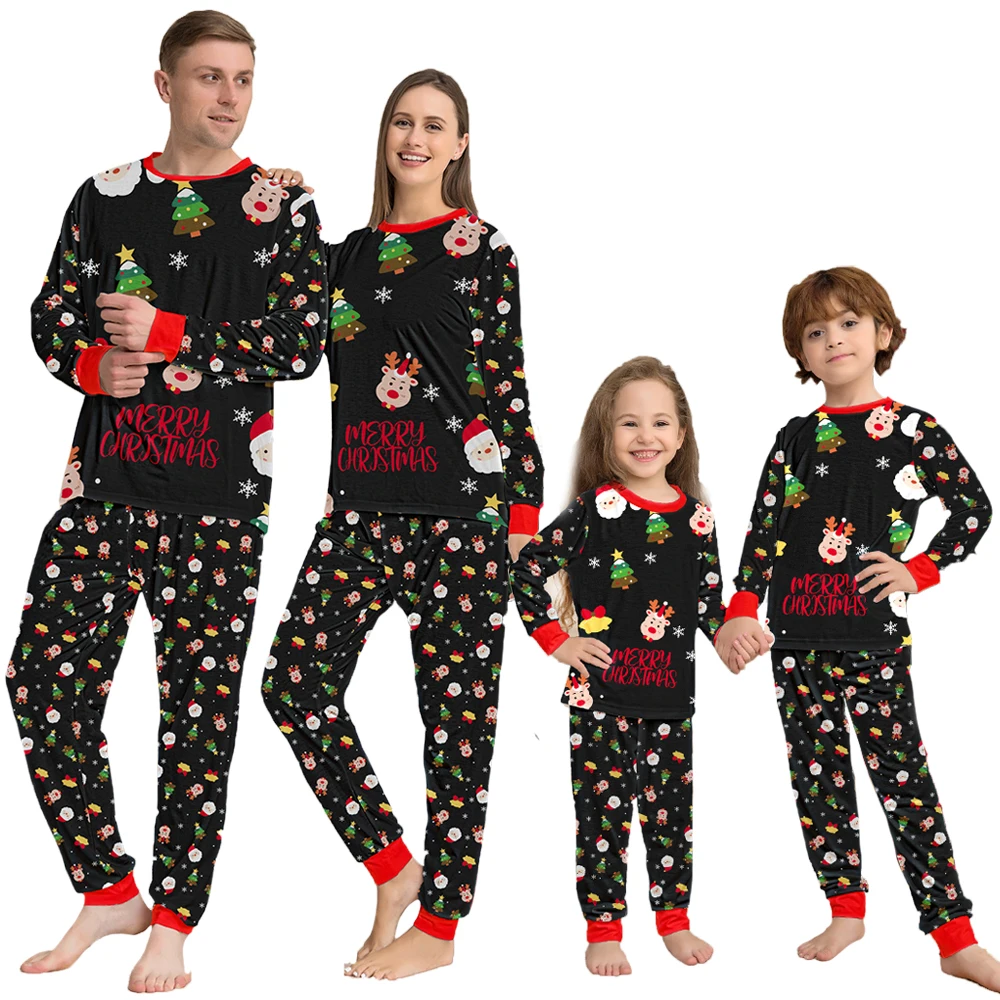 Autumn Winter Christmas Mom Daughter Dad Son Matching Pajamas Kids Women Men Black Print Sleepwear Set Family Look Baby Romper