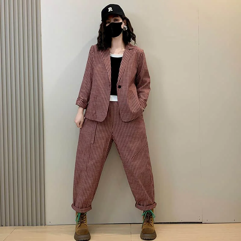 Set di pantaloni vintage Cappotti a righe a maniche lunghe e pantaloni Harem casual Set di due pezzi larghi in stile coreano Harajuku Abiti da donna