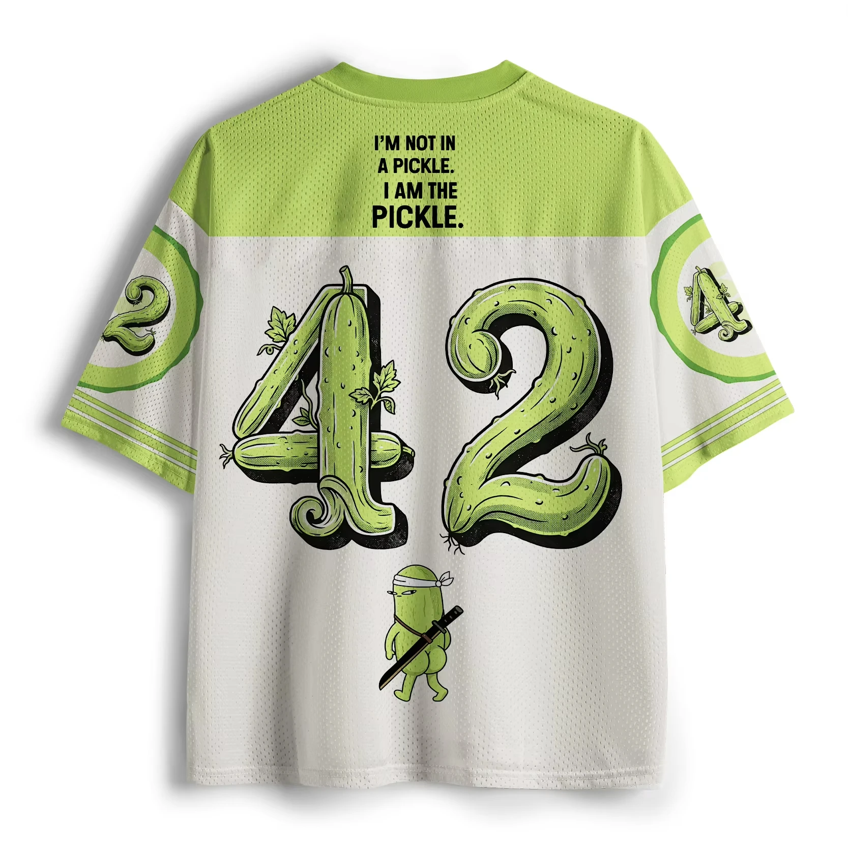 New Green White Mesh Football Jersey Cartoon Samurai Pickle Funny Slogan Graphic Teen Campus Back To School Casual Street Outfit