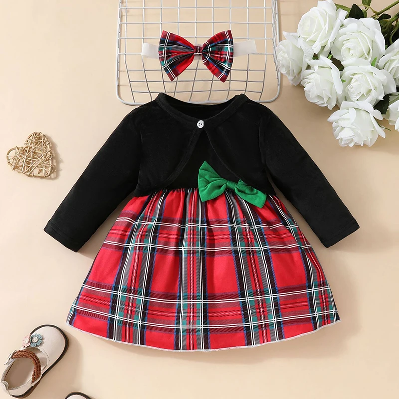 

Toddler Girls Clothing 3PCS Christmas Sets Sleeveless Plaid Dress Black Coat Headband Party Clothes