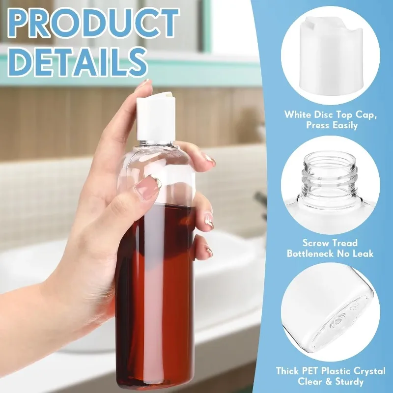 100PCS Plastic Squeeze Bottles with Disc Top Flip Cap 30-100ml Clear Refillable Containers for Shampoo Lotions Body Soap Creams