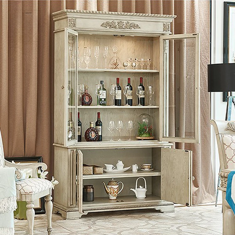 Custom-made American solid wood carving sideboard French white old glass door wine cabinet solid wood locker custom furniture