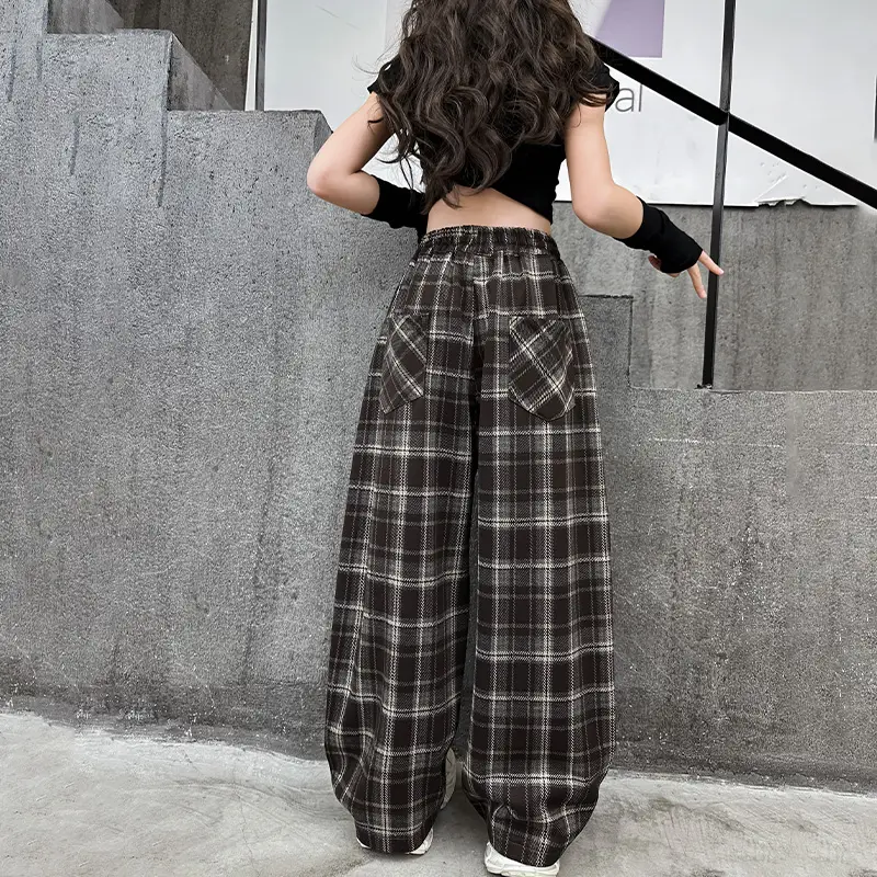 Kids Cotton Spring Autumn Plaid Pants for Teenage Girls Causal Loose Straight Drawstring Trousers Child Fashion Sweatpants 5-14Y - Image 4