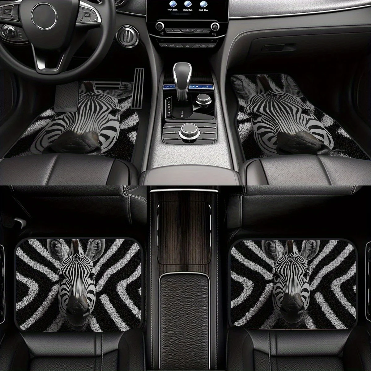 4pcs, Non-Slip Polyester Car Mats With A Black And Zebra Animal Print Design, Suitable For Sedans And Suvs, Serving As Both Inte