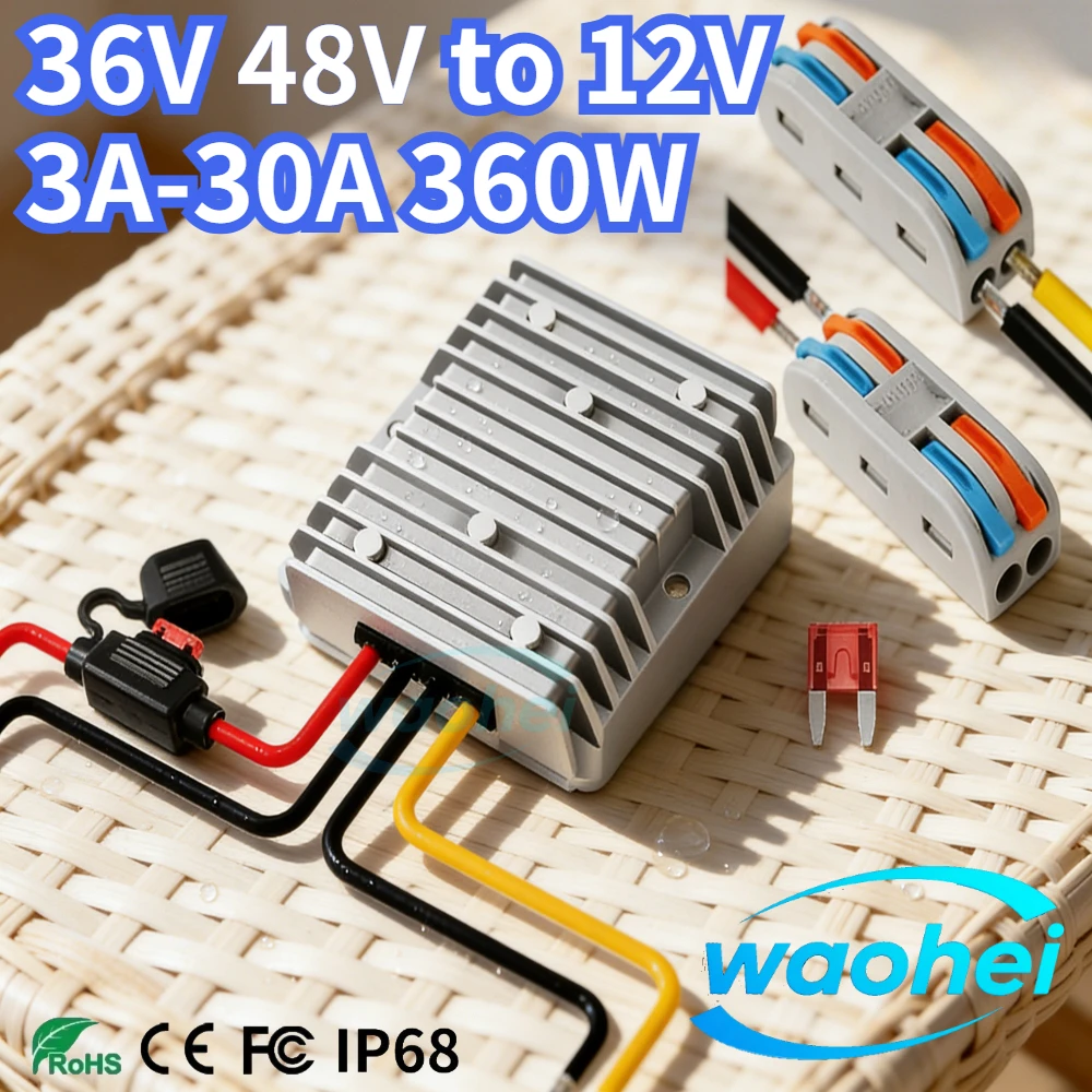 DC-DC 12V (with Fuse) Buck Converter 48V 36V 24V to 12V 3A-30A 360W Waterproof Golf Cart Stabilizer Buck Converter Regulator CE