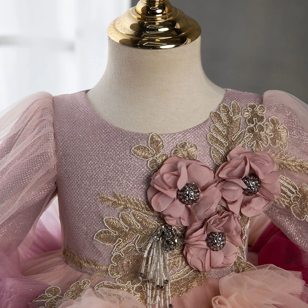 Jill Wish J402 Floral Dubai Fuchsia Flower Girl Dresses Arabic Appliques Princess Kids Gown for Baby Birthday Wedding Party Show