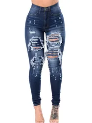 LW-Jeans Elásticos Rasgados de Cintura Alta Feminina, Fly Zipper, Jeans Skinny, Lazer de Rua, Plus Size, Outono, 2022, Novo