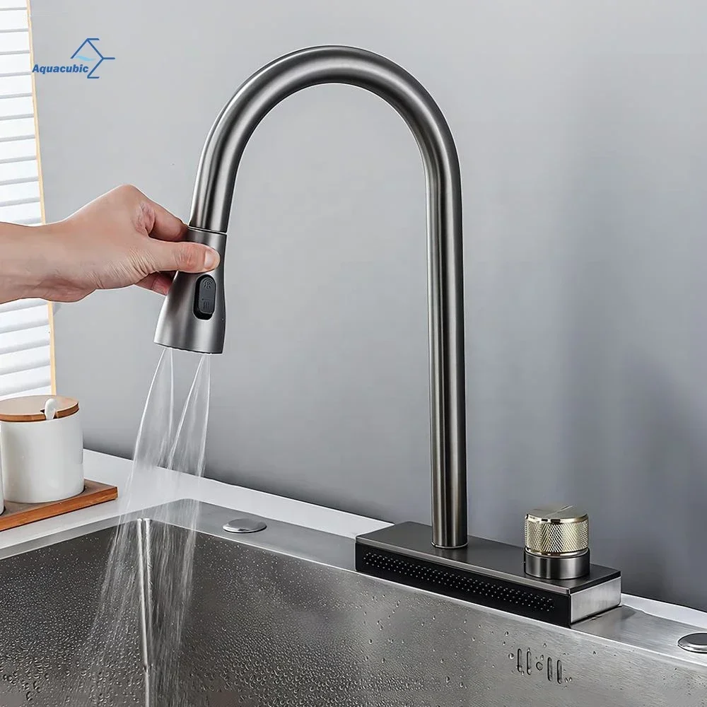 China Black Waterfall Kitchen Faucet with Pull Down Sprayer Sink Faucets Single Handle Grey Mixer Tap
