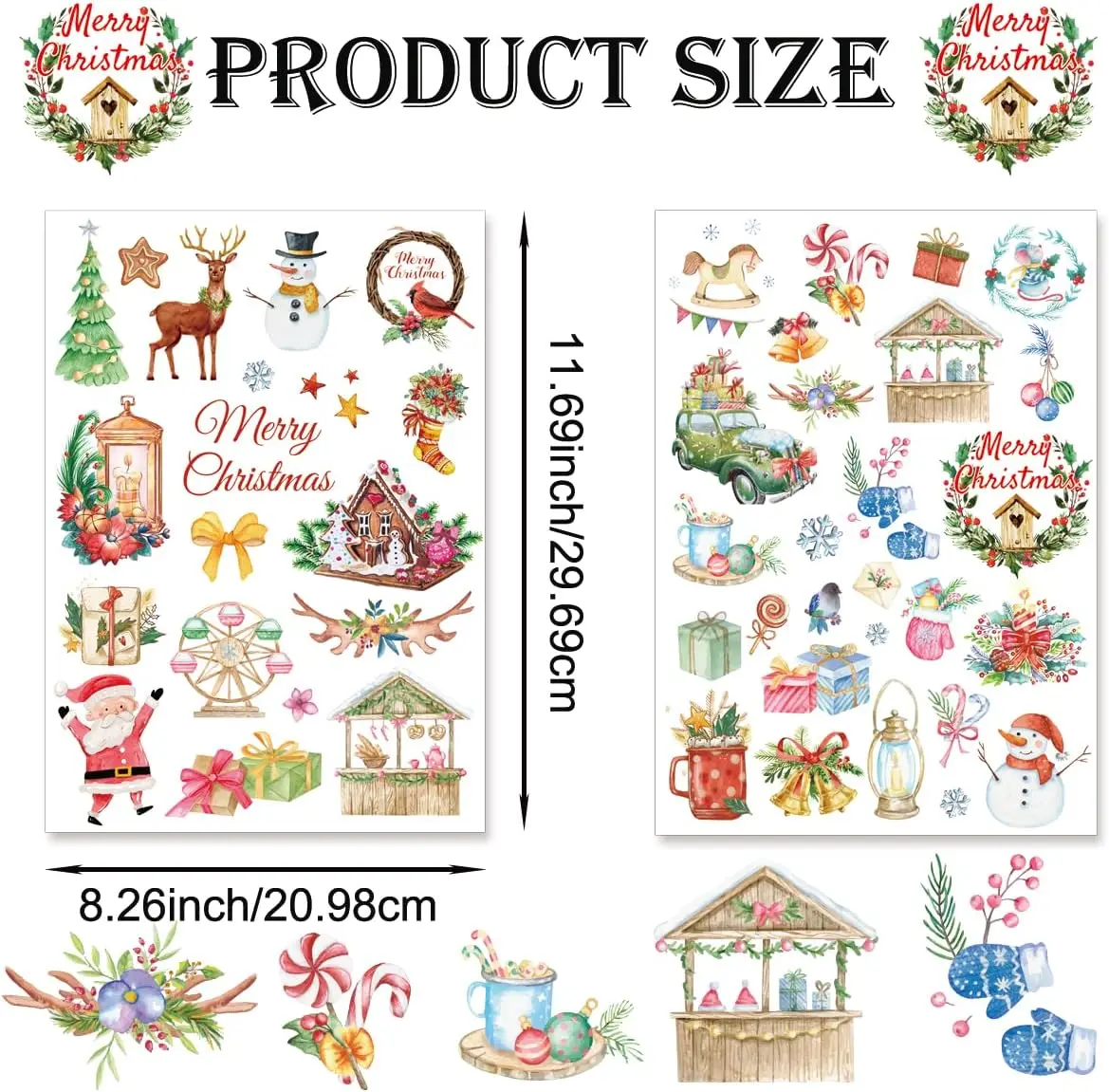 8.26x11.69inch Christmas Rub on Transfer Stickers 2Pcs Vintage Christmas Elements Scrapbooking Stickers for Christmas Gift