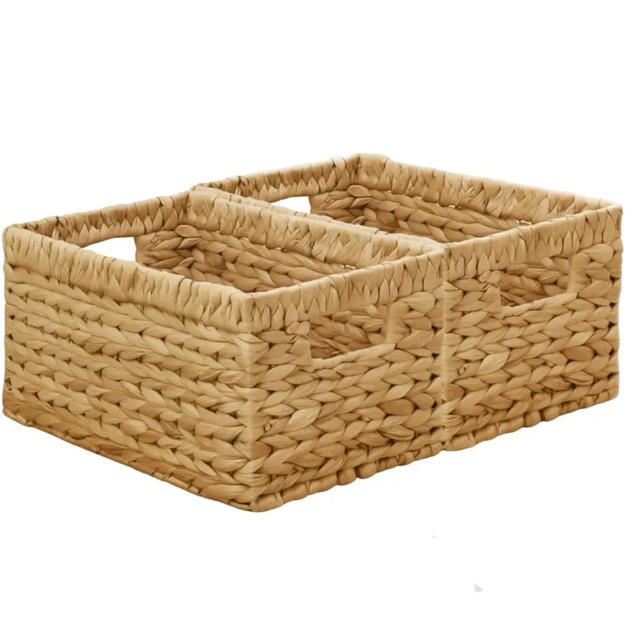

Плетеная корзина для хранения, набор из 2-х корзин ручной работы, прямоугольные корзины из водяного гиацинта с ручками для полок