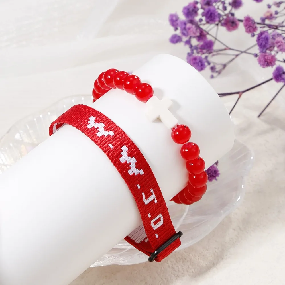-Pulseras Wwjd inspiradoras de cuerda trenzada, juego de pulseras de cuerda trenzada, con Cruz, 2 piezas