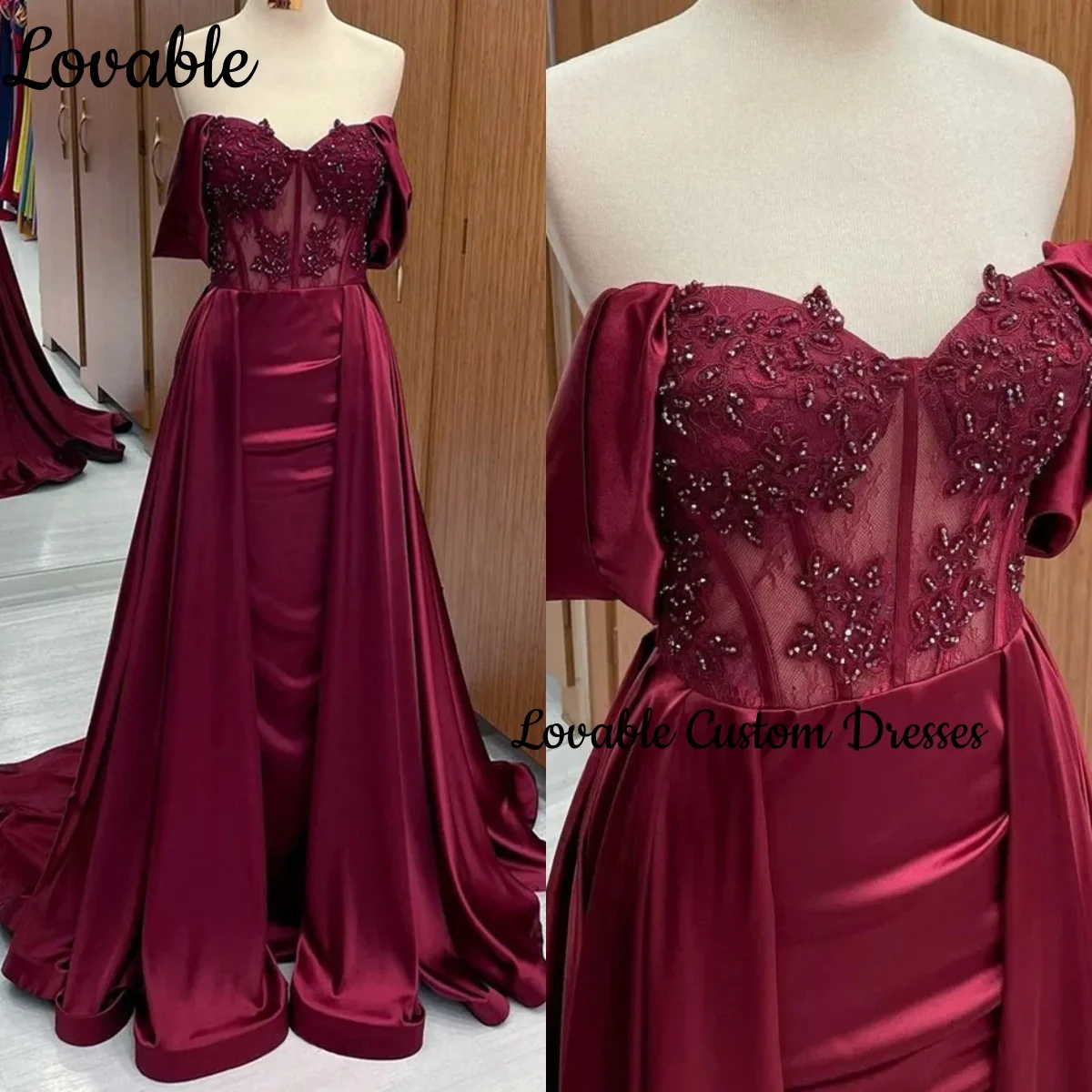 

فساتين سهرة A-Line Burgundy Prom Dress Beadings Formal Occasion Dresses Off-The-Shoulder Floor-Length Dresses For Special Events