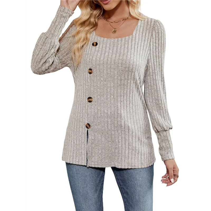 FX-Womens Fall Tops Soft Square Neck Long Lantern Sleeve Deco Buttons Side Slit Sweater Tunic Shirt