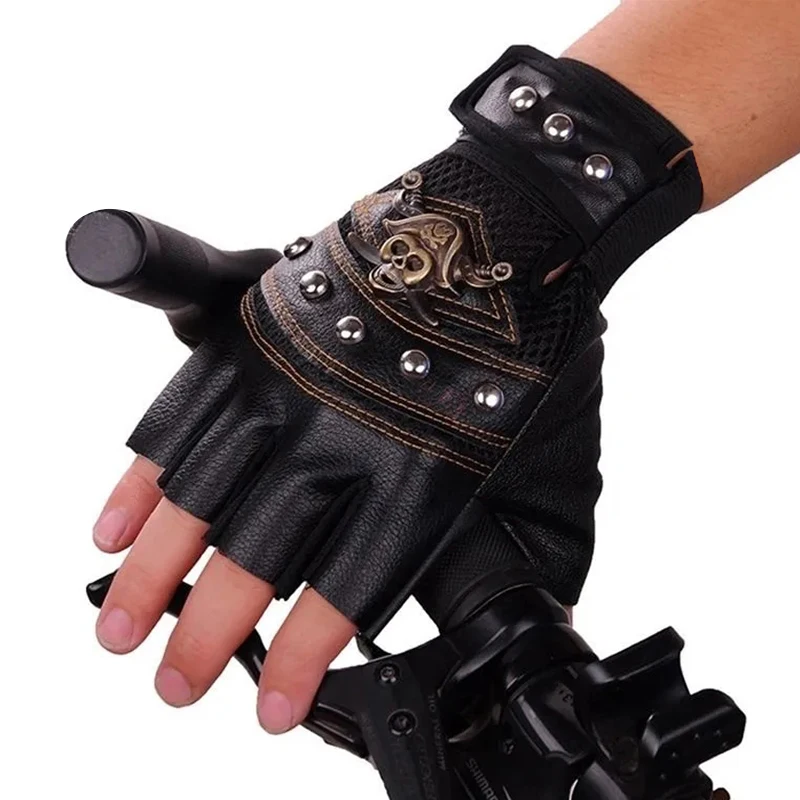 Pirate Skull Half-Finger Gloves Punk Rivet Design Breathable Mesh Leather Anti-Slip for Motorcycle Riding Outdoor Sports & Daily