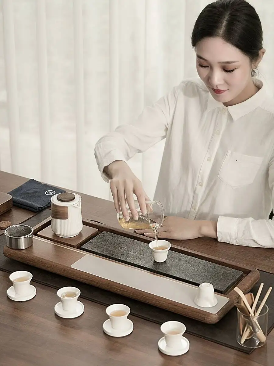 Solid Wood Tray For Home Use, Made Of Black Gold Sone, Japanese-Syle, Whole Piece Se, Simple Large Drainage-Type Tea Table