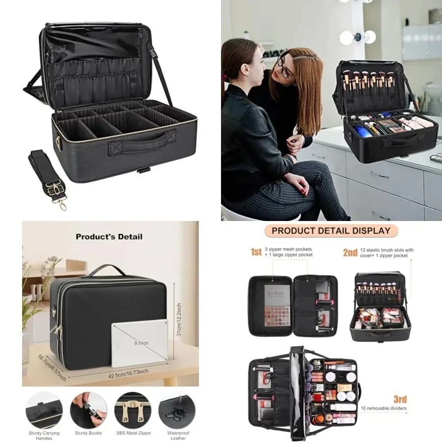 

Extra Large Makeup Bag, Makeup Case Professional Makeup Artist Kit Train Case Travel Cosmetic Bag Brush Organizer, Waterproof Leather Material, with Adjustable Shoulder Straps and Dividers