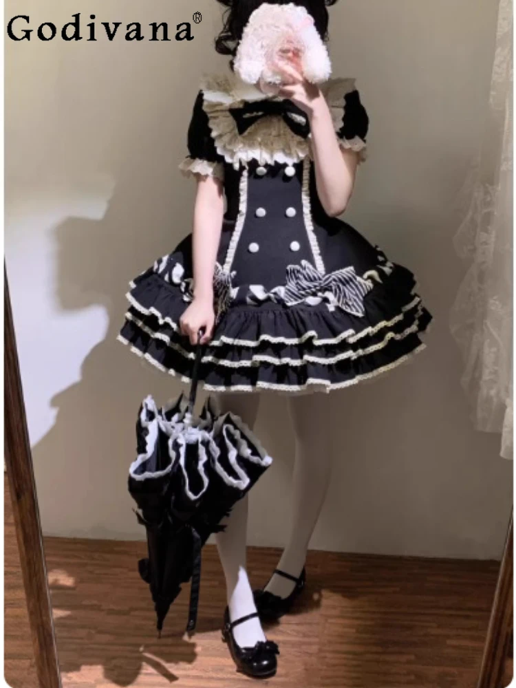 

Spring Summer New Fashion Lolita Princess Short Sleeve Cake Dresses Black Age Reduction Versatile Halloween High Waist Dress