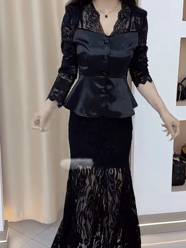 

Весенняя мода, темперамент, элитный кружевной топ с v-образным вырезом, сексуальный светский женский топ + полуюбка «рыбий хвост», элегантный комплект из двух предметов