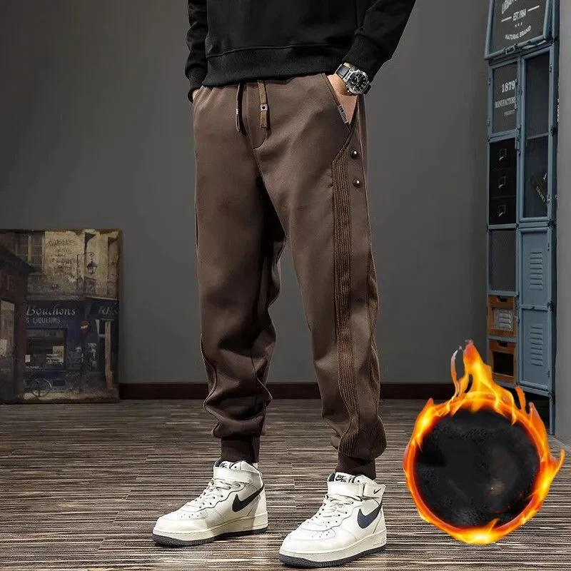 

Мужские американские спортивные повседневные брюки на флисовой подкладке с манжетами на щиколотке в стиле пэчворк, свободные брюки-карго на осень и зиму