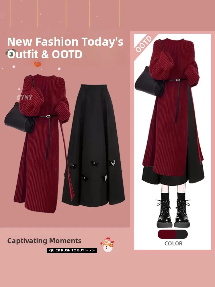 

Red Sweater And Midi Skirt Set Ele Winter Design New Year Aosphere Women's Faion Two-Piece Suit Polyester Fiber Long ...