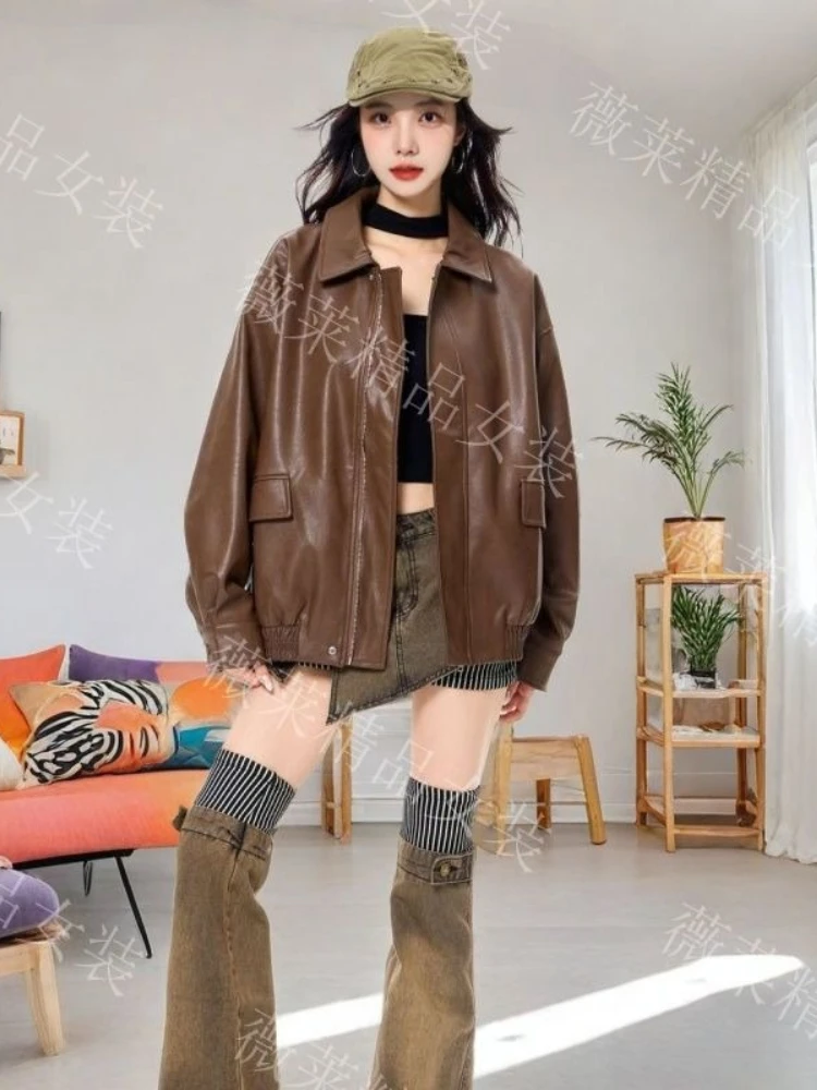 브라운 캐주얼 루즈 가죽 자켓 여성 포켓 세련된 패션 가죽 자켓 여성 2025 가을 streetwear 하이 스트리트 한국 코트