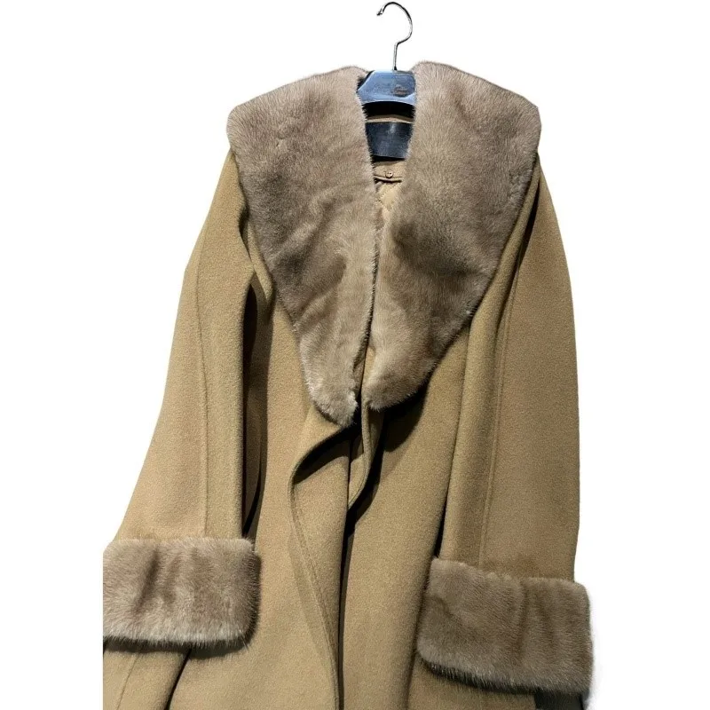 Mink COLLAR สองด้าน CASHMERE Coat ผู้หญิง CASHMERE double-Layer 2 ชิ้นขนสัตว์กลางความยาวเสื้อขนสัตว์ feminino luxo