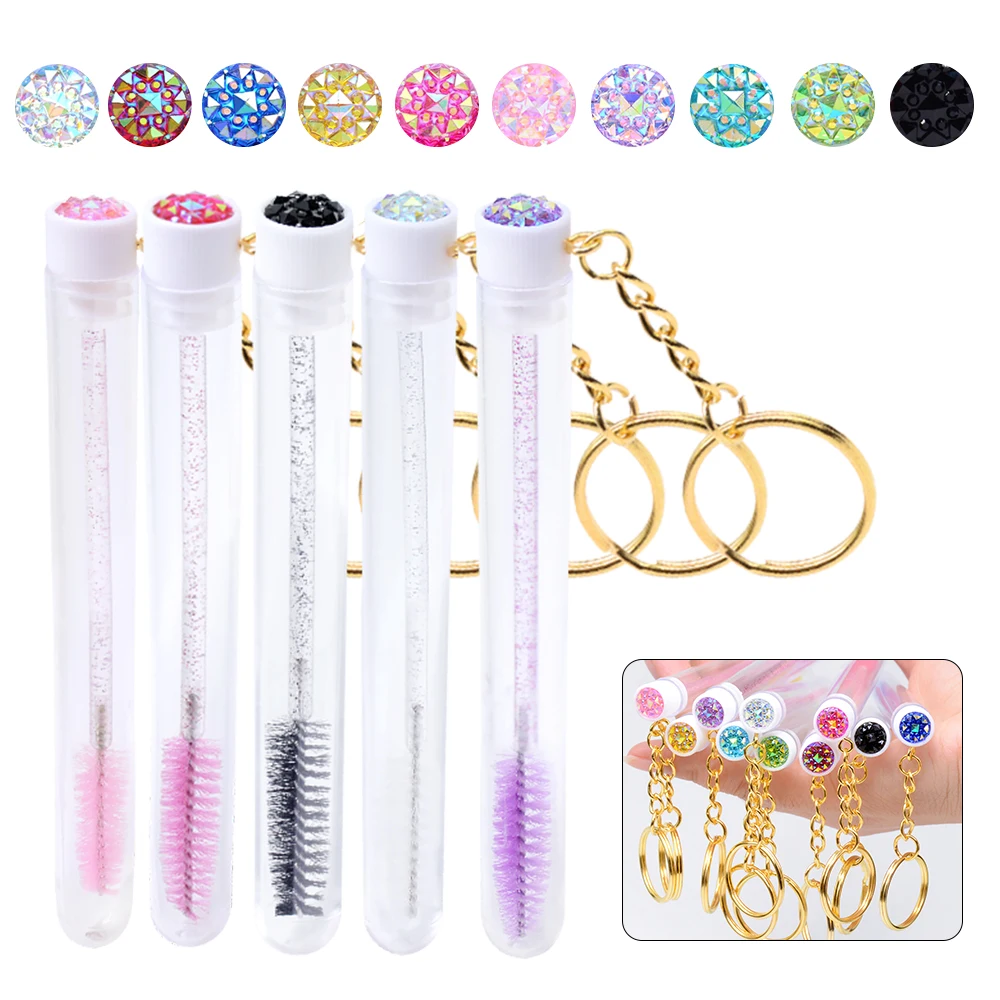 10pcs Reusable Eyelash Brush Tubes With Gold Keychain Sparkling Lash Mascara Wands In Tubes Container Lash Spoolies Comb Brushes