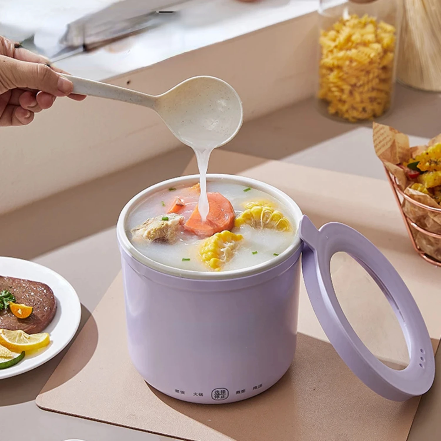 

Mini Rice Cooker Multifunction Skillet 1L Noodle Cooking Pot Egg Omelette Frying Pan Hotpot Baby Food Stew Cup Soup Heater