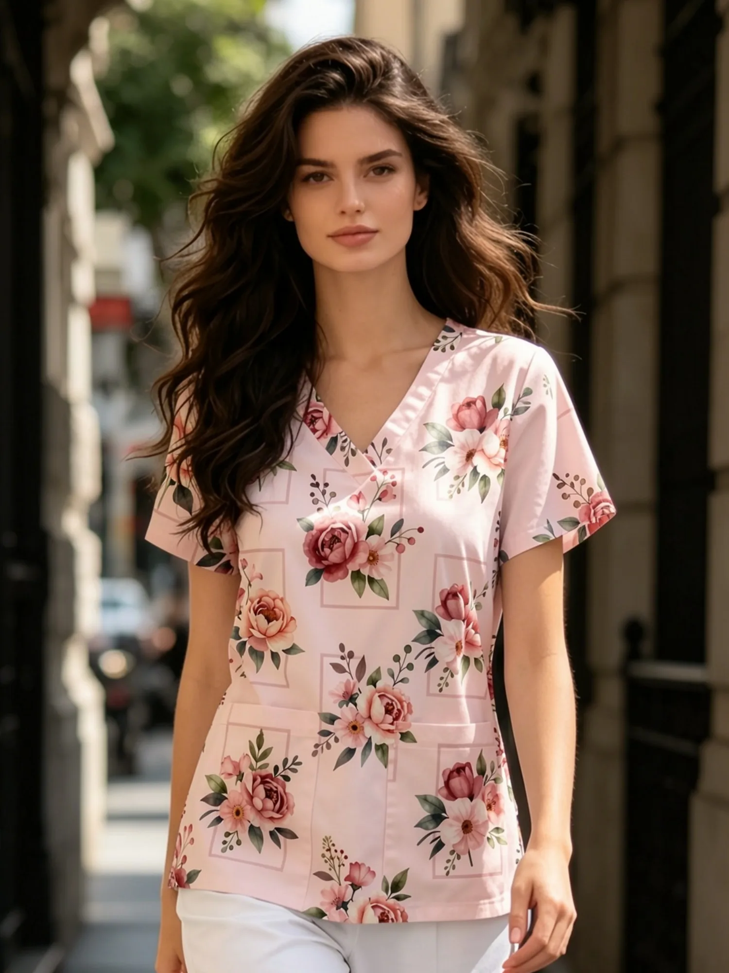 Ladies V Neck Floral Design Nurse Scrub Top Designed With Roomy Front Pockets Relaxed Casual Style Relaxed Fit For Clinic Shifts