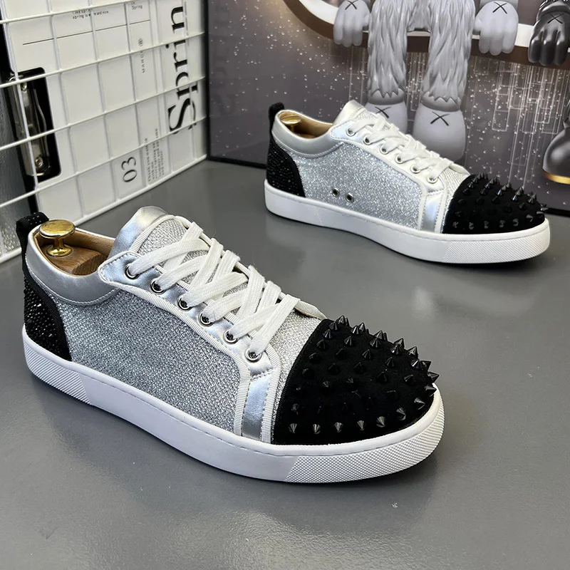 men's fashion party nightclub rivets shoes silver soft leather studded shoe flats platform spikes sneakers designer man footwear