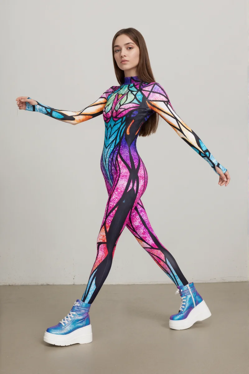 Neuer bunter Schmetterlings-Print-Cosplay-Bodysuit für Damen, Erwachsenen-Halloween-Karnevalsparty-Märchenkostüm, Bühnenkostüm, Zentai-Anzug – Detail 5