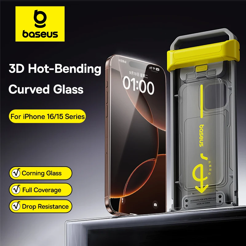 Baseus 3D Curved Tempered Glass for iPhone 16 15 Pro Max Hot Bending Full Coverage Shatterproof Clear Corning Screen Protector