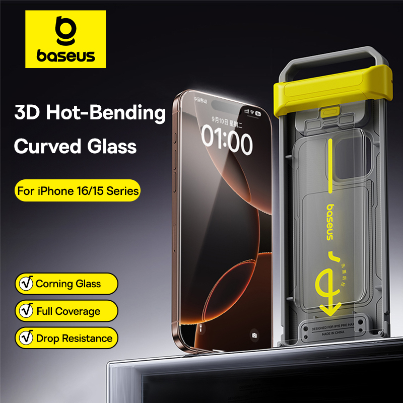  Baseus 3D Curved Tempered Glass for iPhone 16 15 Pro Max Hot Bending Full Coverage Shatterproof Clear Corning Screen Protector 