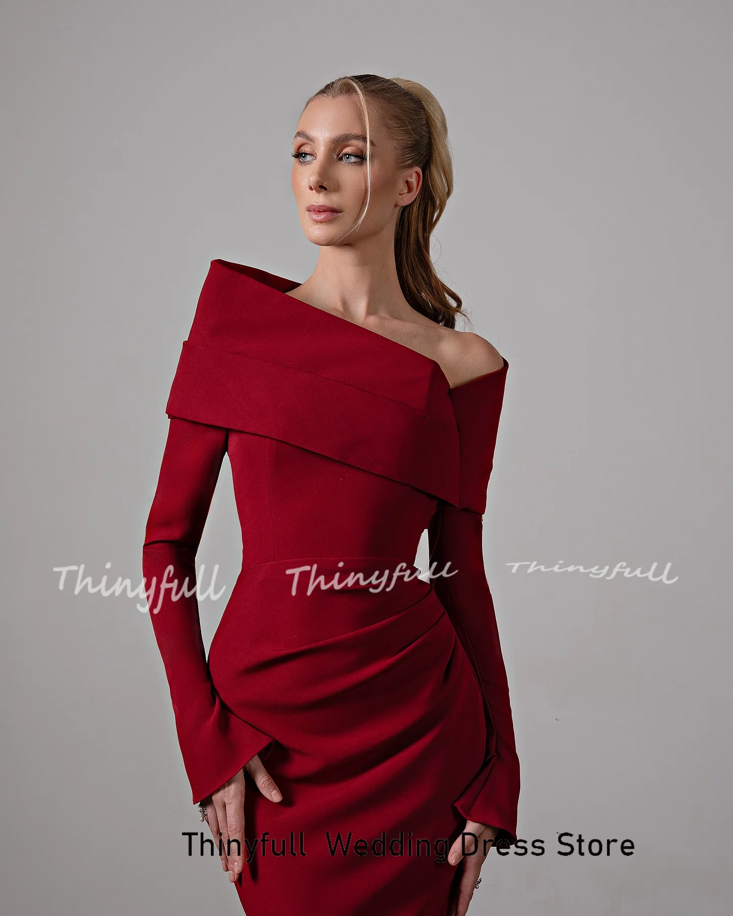 Thinyfull Mermaid Arabia Prom Dresses Off Shoulder Long Sleeves Evening Gown Satin Formal Dress Robe De Soirée Customized image 3