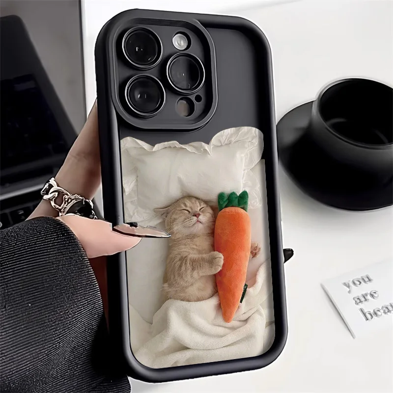 Sleep Cat Carrot Phone Case For iPhone 16 14 13 12 11 15 Pro Max Xr Xs Max 7 8 Plus SE 2020 Case Cute Soft Silicone Bumper Cover