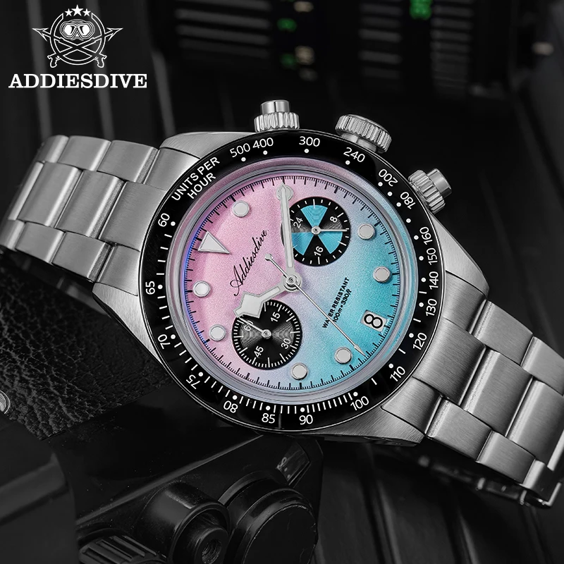 ADDIESDIVE Hot Sale Quartz Watch 40MM Chronograph Ceramic Bezel Wristwatches for Men Stainless Steel Bubble Mirror Glass Watches