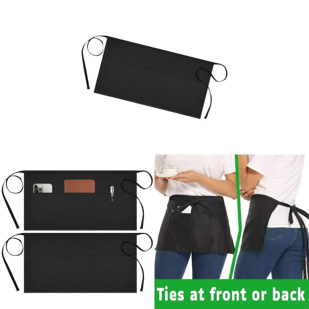 

68UA Long Server Apron with 3 Pockets Bistro Half Aprons for Men Women Waiter Waitress Chefs Apron Waterproofs Waist Apron