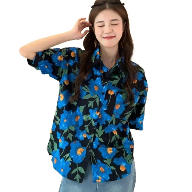 

New Summer Cotton Turn-down Collar Loose Casual Comfortable Shirts Blue Printed Beach Style Bohemian Trendy Ladies Blouses Coats