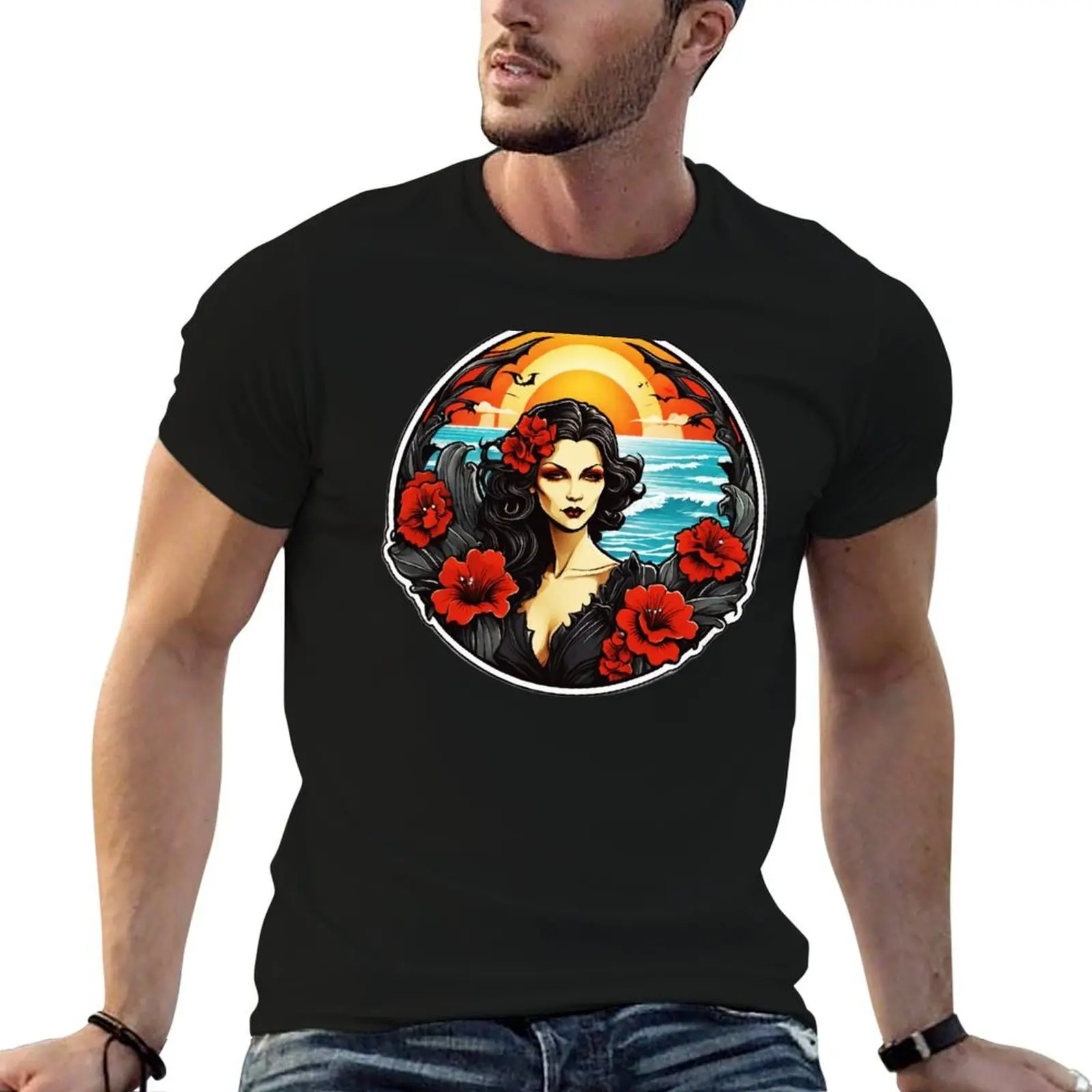 

Gothic Vampire Lady with Red Lips and Orchids on a Beach at Sunset T-Shirt man t shirts cotton T-Shirt