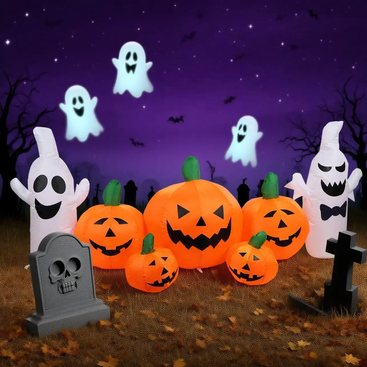 

Halloween Inflatable Decorations 4 Pumpkin Lanterns with 2White Ghosts Halloween Blow Up with Built-in LEDs for Outdoor